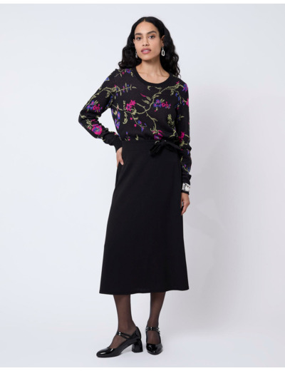 Pull épais en mélange coton Jacquard motif fleurs NOIR Femme