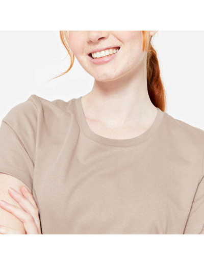 Tee-shirt en coton col rond femme, beige caramel