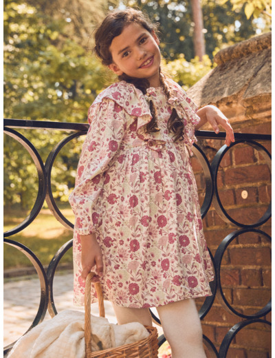 Robe imprimé fleuries avec volants aux épaules et manches longues Fille