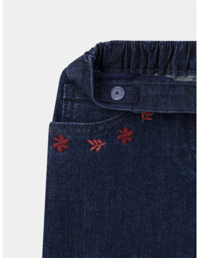 Jean wide leg bleu foncé à poches brodées floral Fille
