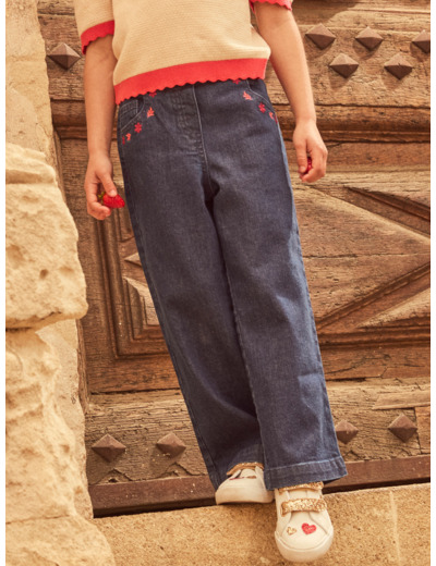 Jean wide leg bleu foncé à poches brodées floral Fille