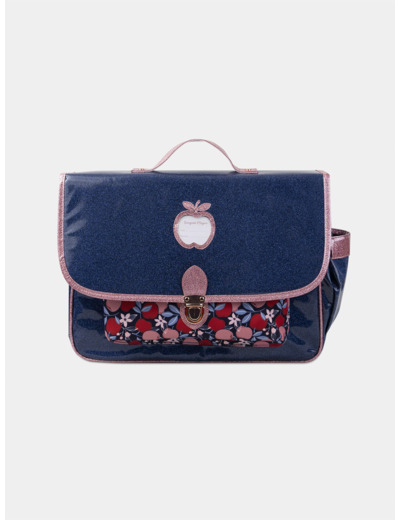 Cartable bleu marine et rose paillettés à imprimé pomme Fille
