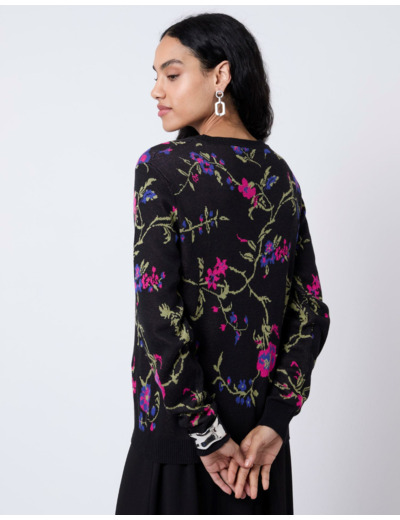 Pull épais en mélange coton Jacquard motif fleurs NOIR Femme