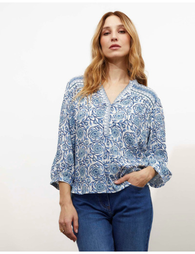 Blouse manches 3/4 imprimé à fleurs BLEU Femme