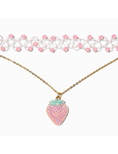Ras-de-cou pendentif strass fraise et ras-de-cou effet tatouage perlé strass rose - Lot de 2