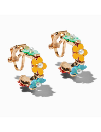 Boucles d'oreilles à clip créoles fleurs en perles d'imitation