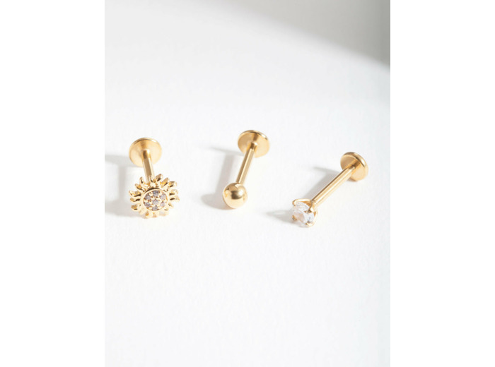 Gold Surgical Steel Cubic Zirconia Sun Flat Back Earring Pack