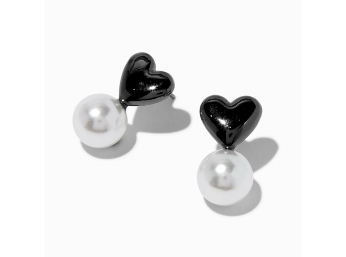 Clous d'oreilles perle d'imitation cœur noirs
