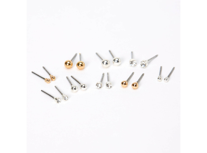 Clous d'oreilles boules en strass de tailles graduelles en métaux mixtes - Lot de 9