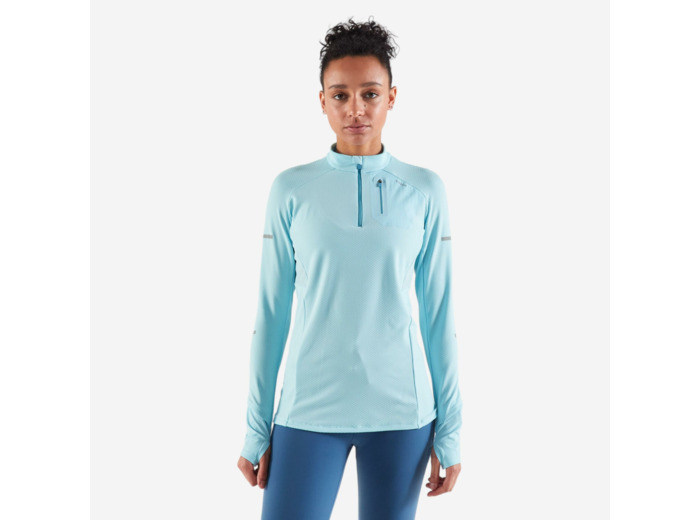 T-shirt 1/2 zip manches longues de running Femme - KIPRUN Run 500 Warm Bleu ciel