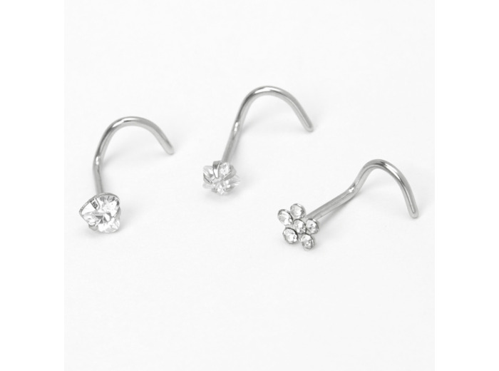 Clous de nez étoile, cœur et fleur 0,8 mm couleur argentée - Lot de 3