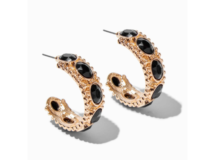 Créoles strass noires ovales épaisses 30 mm couleur dorée