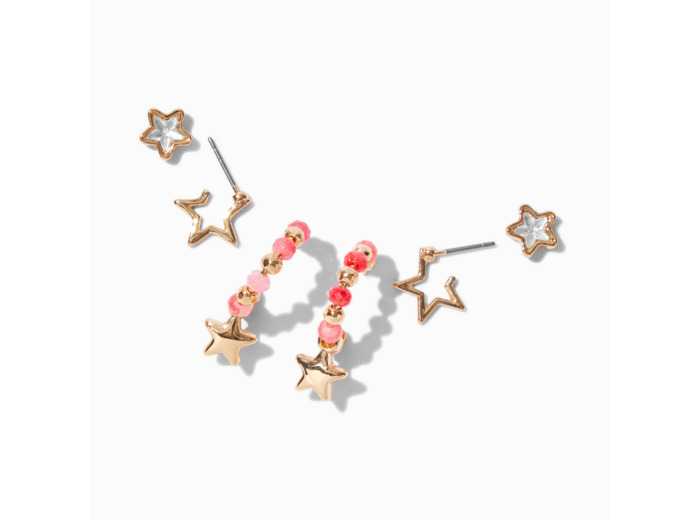 Boucles d’oreilles empilables pierre rose couleur dorée - Lot de 3