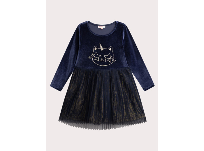 Robe bleue avec tulle animation chat glitter pour fille