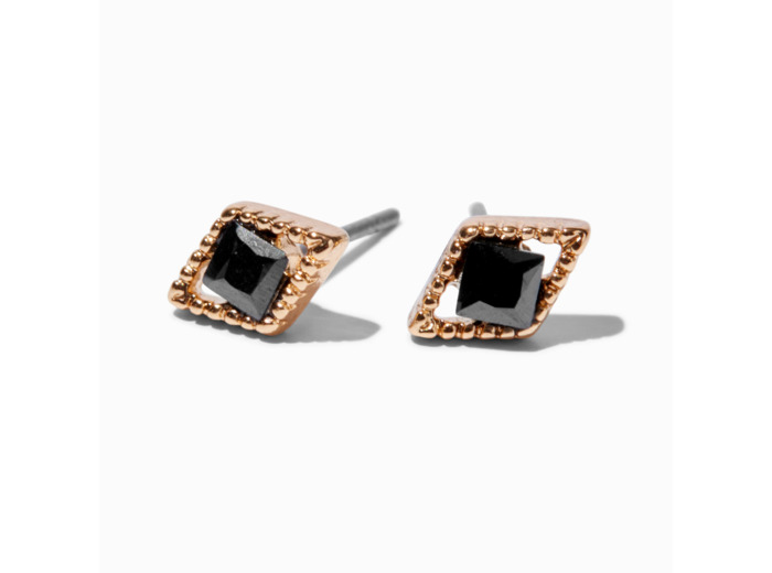 Clous d'oreilles faux diamant noir en zircon cubique couleur dorée