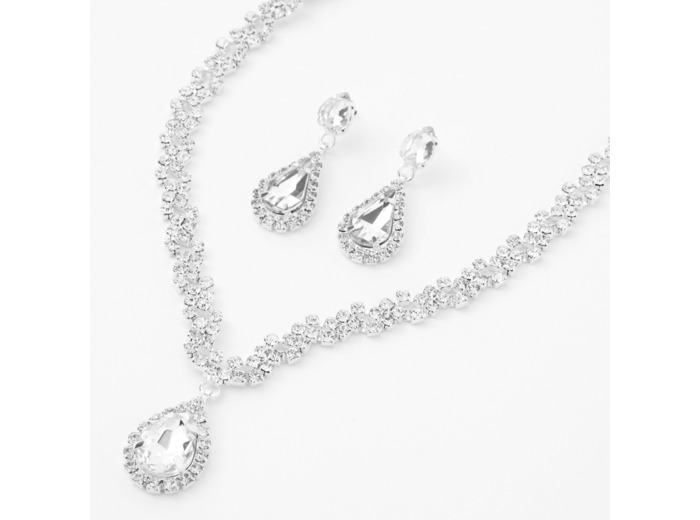 Ensemble de bijoux col en V forme de goutte en strass couleur argentée - Lot de 2