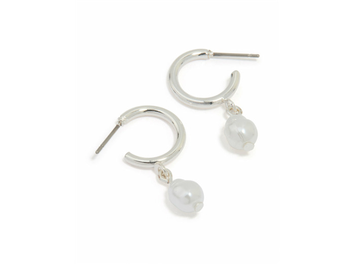 Silver Pearl Drop Huggie Earrings