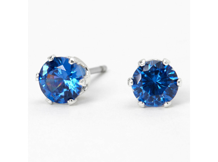 Clous d'oreilles ronds avec strass en zircon cubique d'imitation couleur argentée - Bleu, 5 mm