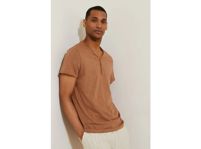 Tee shirt col tunisien matière flammée - Camel