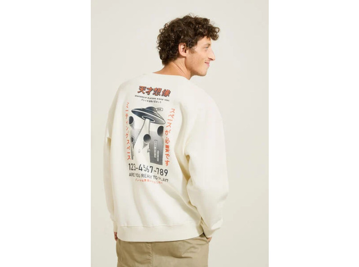 Sweat col rond imprimé devant dos - Ecru