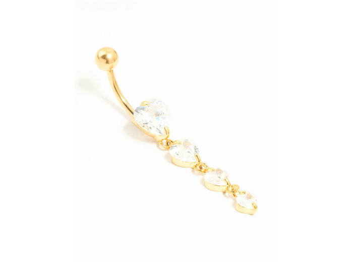 Gold Plated Titanium Graduating Cubic Zirconia Heart Drop Belly Bar