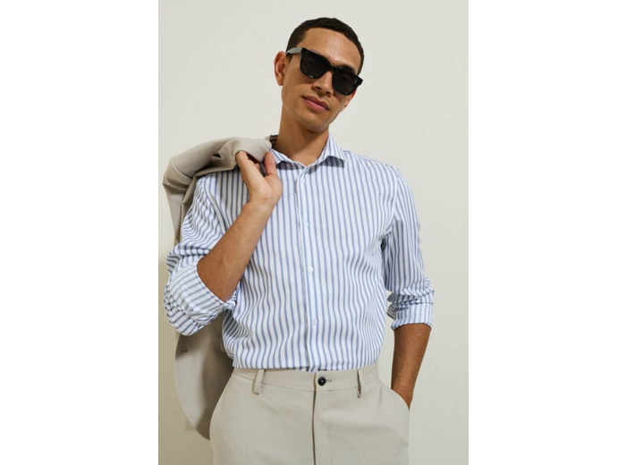 Chemise sans repassage regular en coton rayée - Blanc