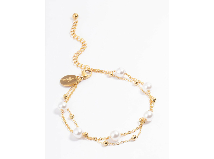 Waterproof Gold Plated Stainless Steel Double Layer Pearl Ball Bracelet