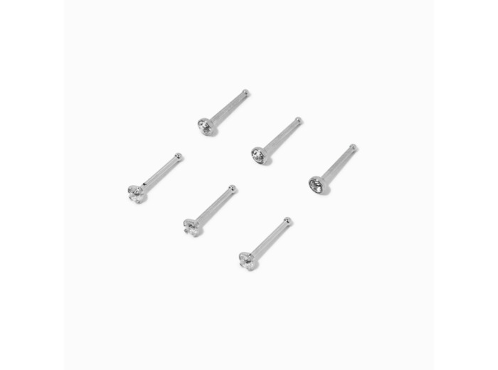 Clous de nez 0,8 mm avec zircon cubique en acier inoxydable couleur argentée - Lot de 6
