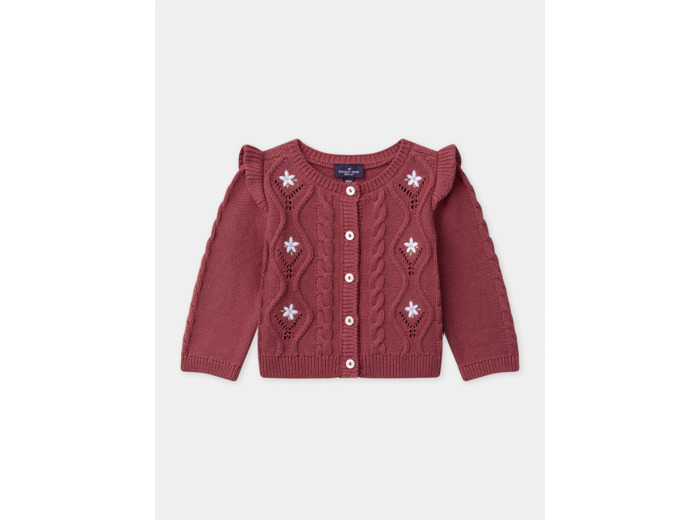Cardigan rose framboise à broderies fleurs et volants sur les épaules Bébé Fille