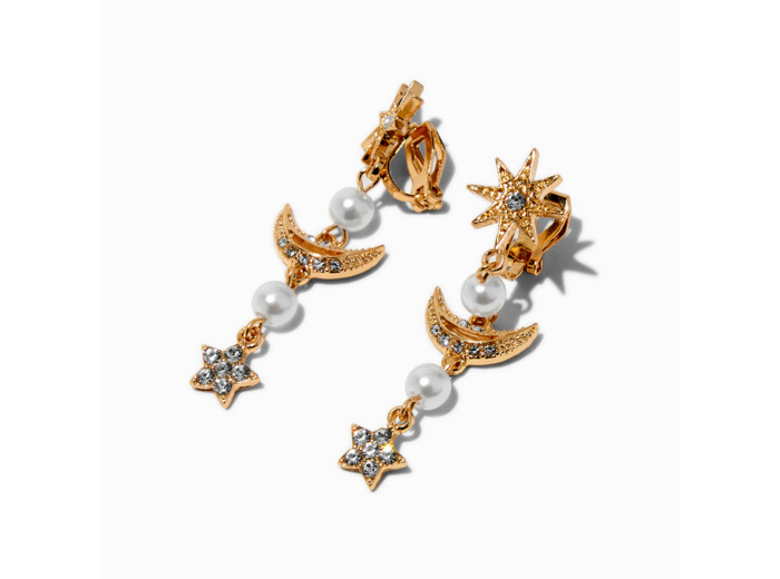 Pendantes à clip perle d'imitation et strass célestes