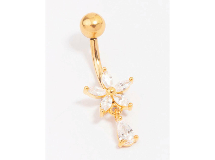Gold Plated Titanium Cubic Zirconia Flower Pear Belly Piercing