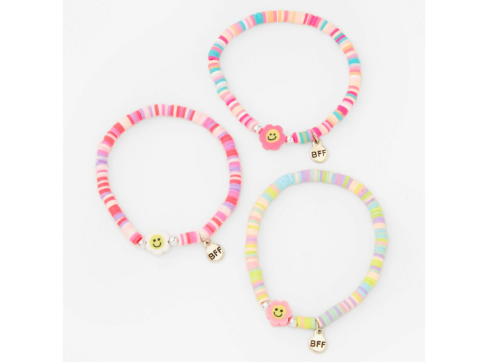 Bracelets élastiques perlés disques visages souriants marguerite Best Friends (lot de 3)