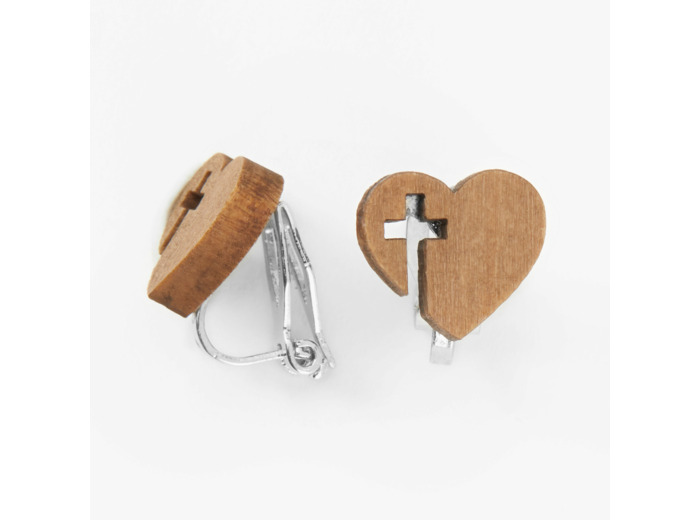 Clous d’oreilles à clip en bois d’imitation croix et cœur