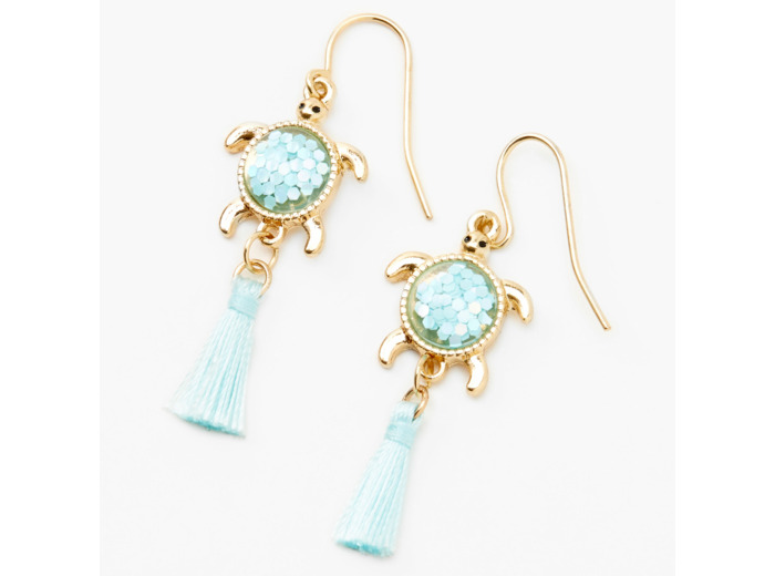 Pendantes 4 cm pompons et tortues en turquoise d'imitation