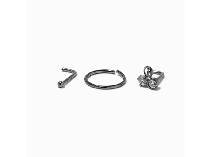 Clous et anneaux pour piercing de nez 0,8 mm avec pendentif en zircon cubique en titane couleur argentée - Lot de 3