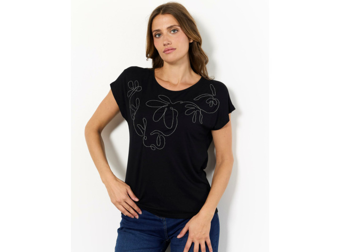 T-Shirt manches courtes uni décoré NOIR Femme