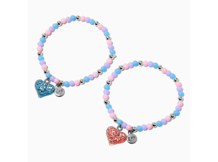 Bracelets élastiques en perles de rocaille cœurs pailletés best friends - Lot de 2