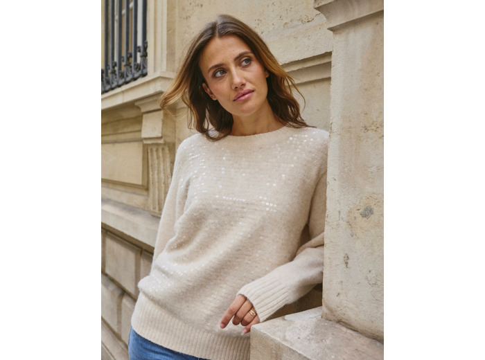 Pull épais contenant de la laine uni décoré BEIGE Femme