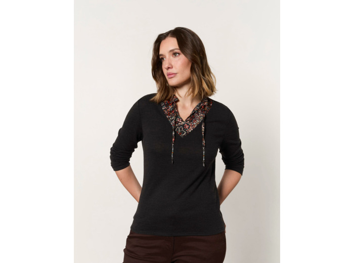 Pull fin bi-matière uni décoré NOIR Femme