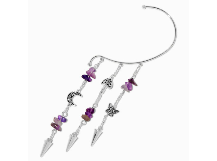 Manchette d'oreille pendante avec champignon strass violets couleur argentée