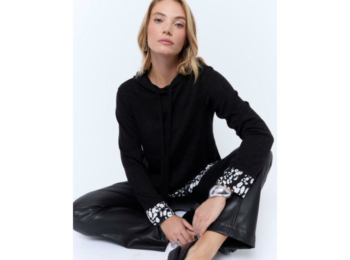 Top manches longues uni décoré NOIR Femme