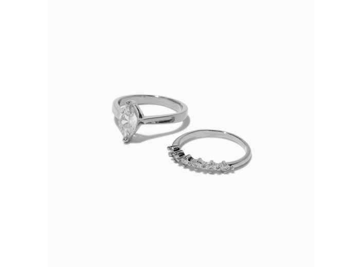 Bague marquise en zircon cubique couleur argentée - Lot de 2