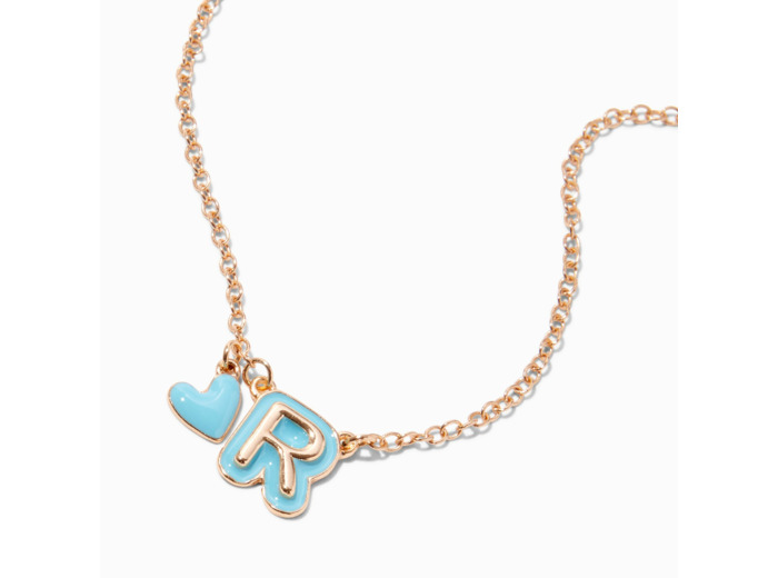 Collier à pendentif cœur à initiale bulle bleu - R