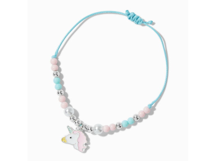 Bracelet réglable perlé bleu licorne couleur argentée