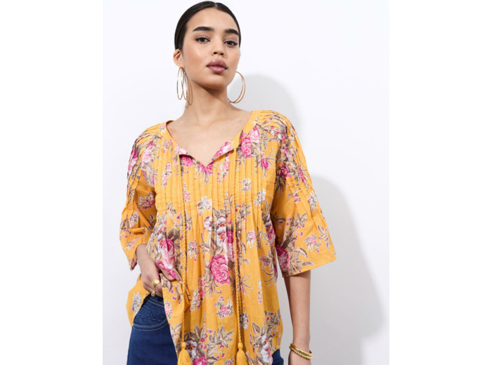 Blouse manches 3/4 imprimé à fleurs JAUNE Femme