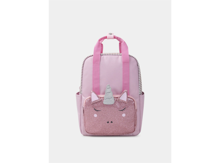 Sac à dos rose avec poche avant en tête de licorne paillettés Fille