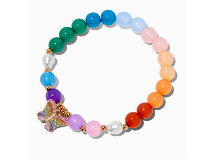 Bracelet élastique perlé arc-en-ciel breloque papillon