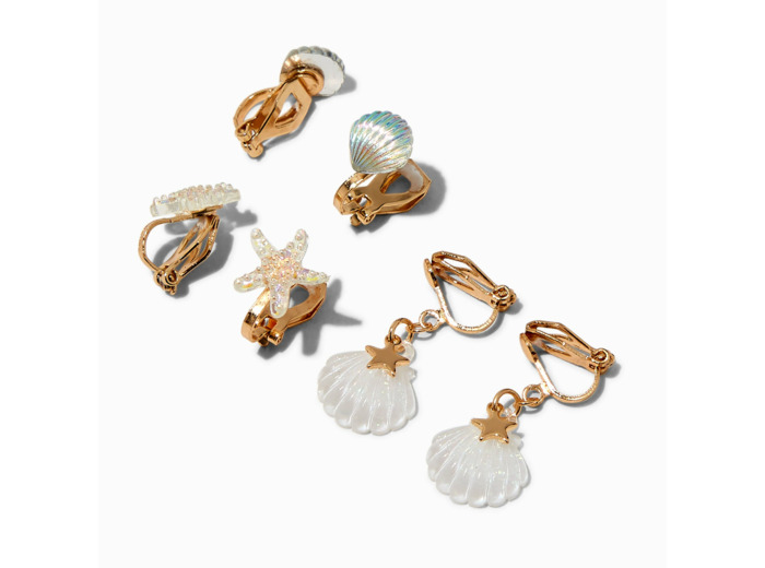 Clous d'oreilles à clip vie aquatique couleur dorée - Lot de 3