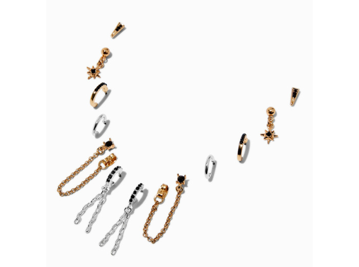 Boucles d'oreilles reliées strass noir en métaux mixtes - Lot de 6