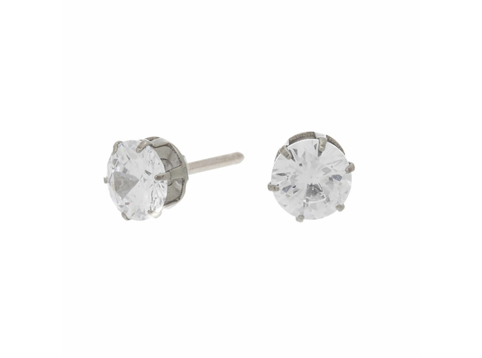 Clous d'oreilles ronds avec strass en zircon cubique et titane couleur argentée - 6 mm - Collection C Luxe
